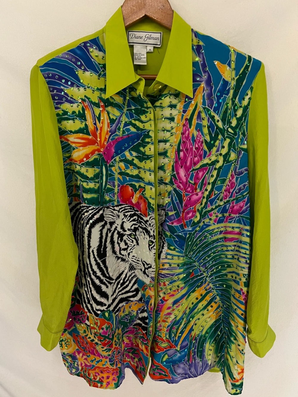 Vintage Diane Gilman 100% Silk Neon Jungle Tiger Sequin Blouse Size M Resort